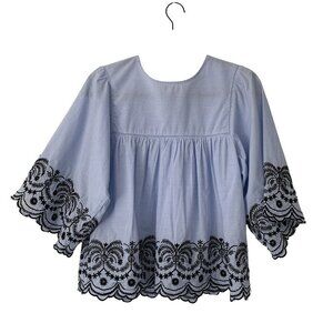 Aiden Size M Blue Striped Cotton Blouse Embroidered Scalloped Hem Bell Sleeves